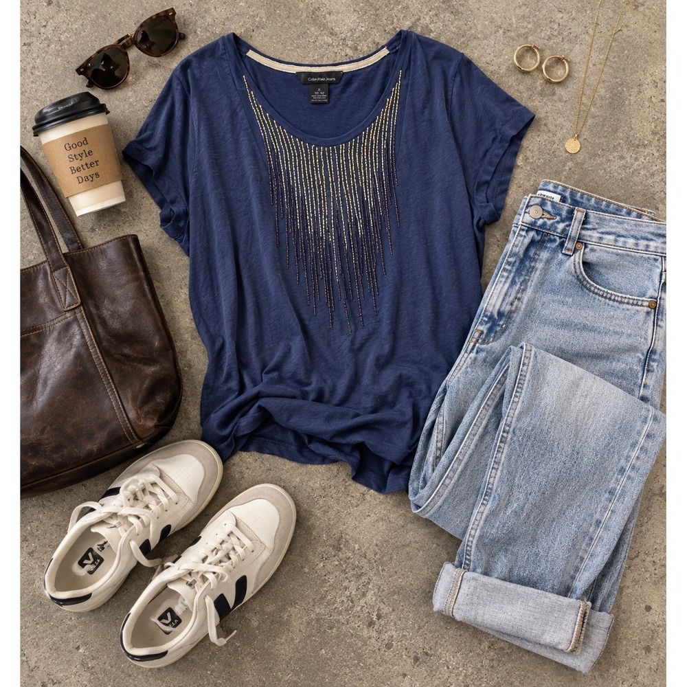 Calvin Klein Jeans Womens Blue Beaded Fringe Short Sleeve Cotton Top Size M